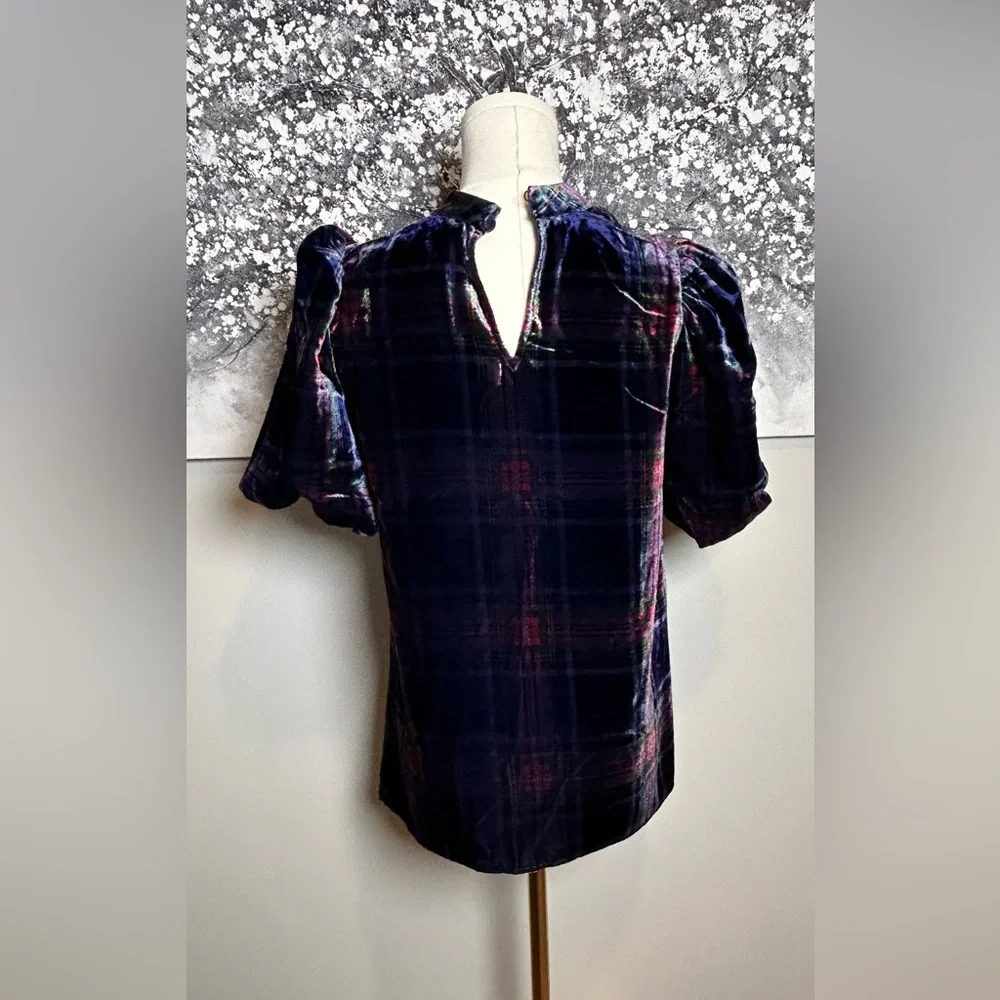 Boden Velvet Plaid Puff Sleeve Top - Navy, Red & Green size US 4 UK 8